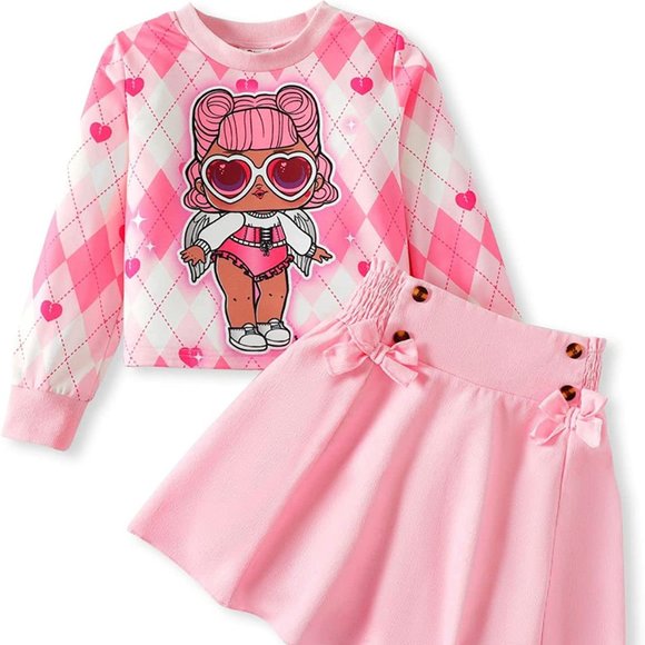 Surprise! Girl Skirt Set Long Sleeve Letter Print Sweatshirt Plaid/Pink - Picture 1 of 6